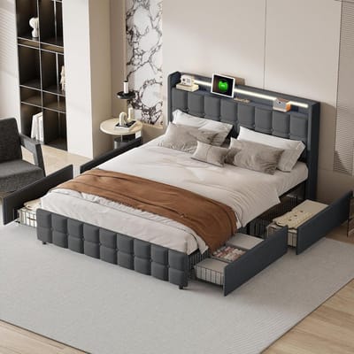 Gestoffeerd Bed - Tweepersoonsbed Frame - Slaapkamer Opruimen - Met 4 Laden - 160x200 cm - Grijs