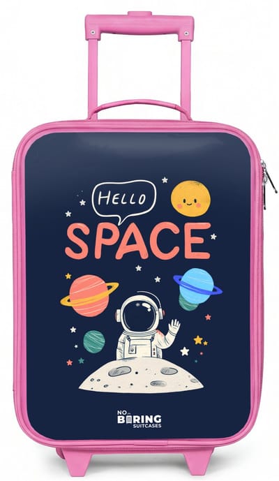 NoBoringSuitcases.com® - Kinderkoffer roze - Kindertrolley meisje - Astronaut - Quote - Planeten - Sterren - Koffer kind lichtgewicht - Reiskoffer trolley voor kinderen - Koffertje met lichtgevende wieltjes - Rolkoffer