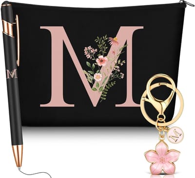 Cadeauset Letter M - Make-up tasje sleutelhanger pen - Persoonlijke Organisatie - Met Initiaal en Bloemen - 23x16x5 cm - Zwart