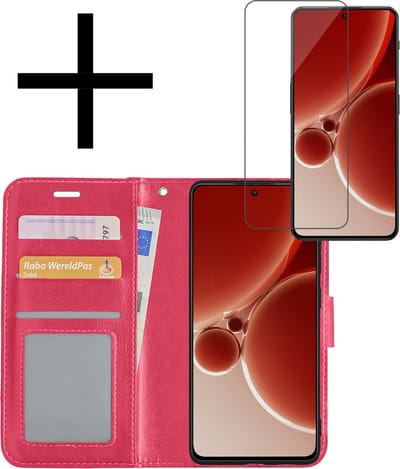 Hoesje - Met Screenprotector - Geschikt voor OnePlus Nord 3 - Luxe Pasjeshouder - Bookcase Portemonee - Flip Case - Kunstleer Book Case - Flipcase - Book Cover - Walletcase - Portemonneehoes - Donkerroze
