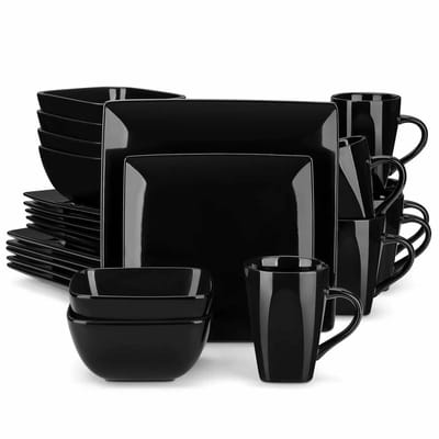Serviesset - 6 Persoons Servies - Keramiek - Diner- en Dessertborden, Ontbijtkommen en Kopjes - 24-delige Set - Zwart