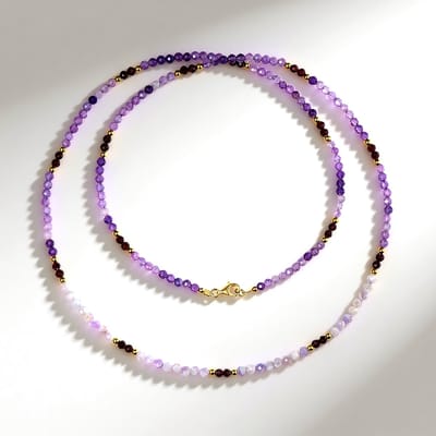Cavill - Zilveren Halsketting 925 Sterling - 18K Goud Verguld - Lelievormige Amethist & Granaat 80,76 ct - Elegante Edelstenen Ketting 80 cm