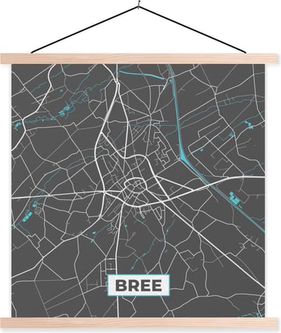 Posterhanger incl. Poster 40x40 cm - Schoolplaat - Plattegrond – Bree – Blauw – Stadskaart - België - Kaart - Textielposter - Blanke latten - Stadskaart