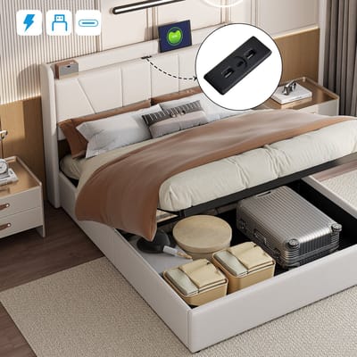 Beige Linnen Gasveer Dubbelbed 140x200 cm – Opslagbed met 2x USB + 1x Type-C, Praktisch & Comfortabel