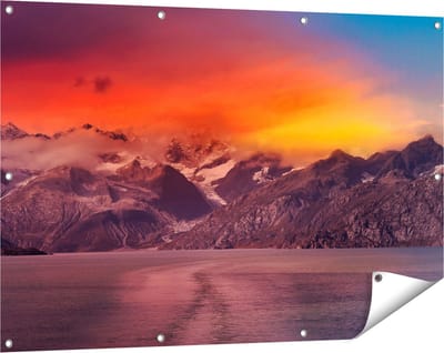 Gards Tuinposter Meer bij de Bergen bij Zonsondergang - 120x80 cm - Tuindoek - Tuindecoratie - Wanddecoratie buiten - Tuinschilderij