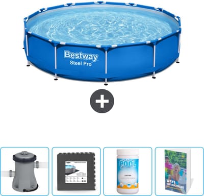 Bestway Rond Steel Pro Zwembad - 366 x 76 cm - Blauw - Inclusief Pomp Vloertegels - Chloor - Zwembadgids