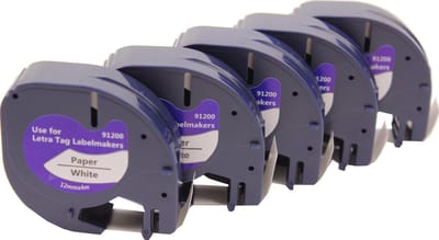 KATRIZ® huismerk label tape voor Dymo 91200 | DYMO LETRATAG LetraTag 100H/LetraTag 100T/LetraTag 2000/LetraTag QX54 |  Zwart op Wit | 12mm*4m | 5 stuks
