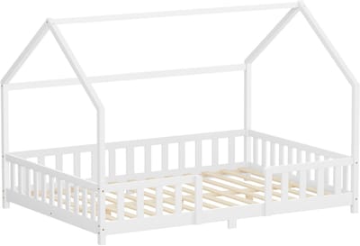 Kinderbed Huisbed 140x200 cm van grenenhout Wit met beschermdak en lattenbodem Houten bed ML-Design