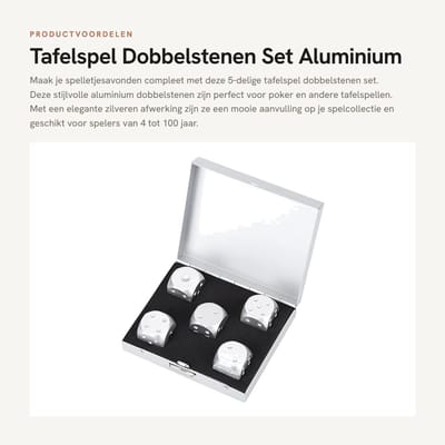 Dailygoods- Dobbelstenen Set 5-delig - Aluminium Tafelspel - Opbergdoos - Tafelspellen - Goud/Zilver - 1,6 cm groot - Speelgoed