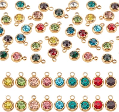 Strass-hangers Kristallen Glazen Charms Platte Ronde Geboortesteen-hangers Met Vacuüm-plating Metalen Bengel-charms voor DIY Armbanden Kettingen Sieraden Maken, 8.5x6x3mm, Stras Roestvrij