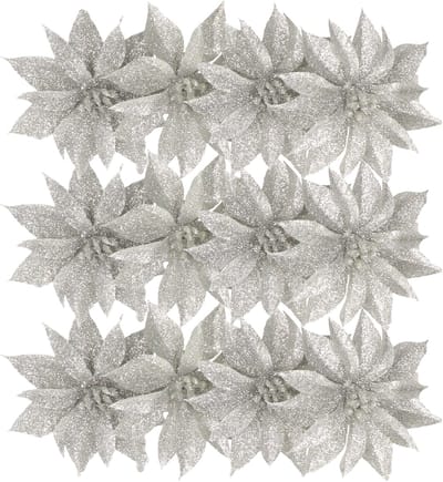Kerstboomversiering Bloemen - 12x stuks - 9 cm - zilver glitter - op clip
