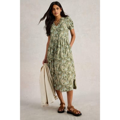 White Stuff Leah Jersey Dress Green Print Maat: 6 PETITE | Midi Jurken Outlet | Dames | Groen