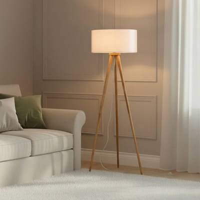 Lindby - vloerlamp - 1licht - Rubberhout, stof - H: 150 cm - E27 - licht hout, wit