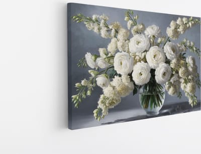 Saammp Canvas Schilderij - Abstracte Witte Bloemen in vaas - Natuur - 30x20 - Foto op canvas - Wanddecoratie - Muurdecoratie Woonkamer - Kantoor Decoratie