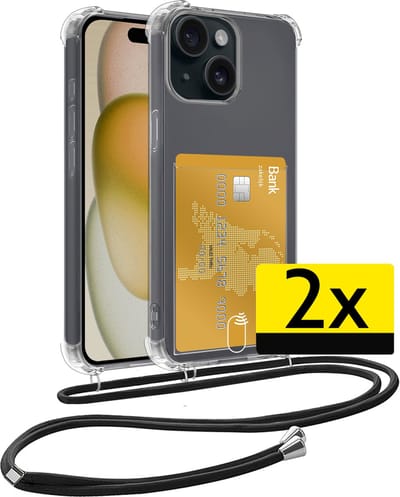 Hoesje Geschikt voor iPhone 15 Telefoonhoesje Met Koord Case Pashouder Siliconen - Hoes Geschikt voor iPhone 15 Hoesje Met Kaarthouder - Transparant - 2 Stuks
