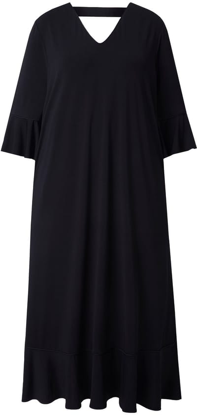 Ulla Popken - Dames - Maxi-jurk volants A-lijn V-hals 3/4-mouwen - Zwart - Maat 42+