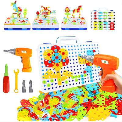 Kiddo Craft Constructie Speelgoed met Werkende Boormachine – 237-Delig – Montessori Bouwspeelgoed – Educatief – 2D/3D Schroef Mozaïek