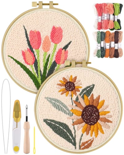 Borduurpakketten volwassenen - Tulpen en zonnebloemen - Borduurset van 2 - DIY Bamboe borduurringen - 20cm Rond - Punch Needle