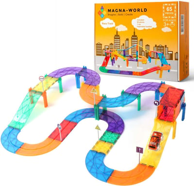 Magna-World® Race Track 65-delig - Magnetic Tiles - Magna Tiles - Magnetisch Speelgoed - Racebaan - Magnetische Tegels - Speelgoed voor 3 t/m 12 Jaar