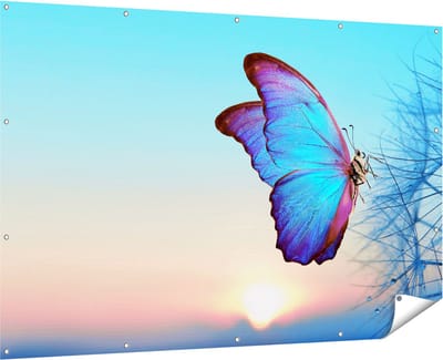 Gards Tuinposter Blauwe Vlinder bij Paardenbloemen - 180x120 cm - Tuindoek - Tuindecoratie - Wanddecoratie buiten - Tuinschilderij