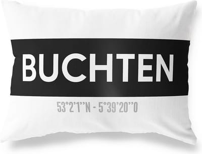 Tuinkussen BUCHTEN - LIMBURG met coördinaten - Buitenkussen - Bootkussen - Weerbestendig - Jouw Plaats - Studio216 - Modern - Zwart-Wit - 50x30cm