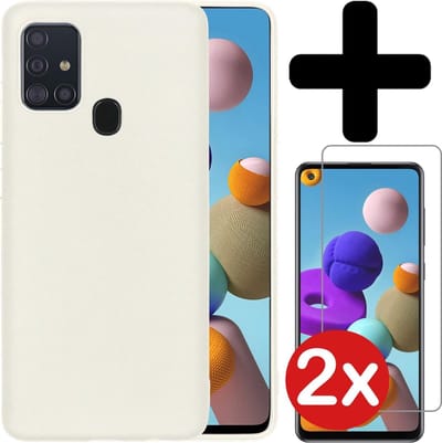 Hoesje - Met 2x Screenprotector - Geschikt voor Samsung Galaxy A21s - Sterk & Shockproof - Telefoon Hoes - Back Cover - Siliconen Case - Telefoonhoes - Wit