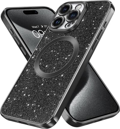 Hoesje Geschikt voor iPhone 15 Pro Max Magsafe hoesje Zwart - Lens beschermer glitter backcover