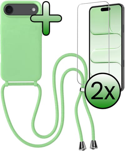 Hoes Geschikt voor iPhone Air Hoesje Met Koord Met 2x Screenprotector - Telefoonhoesje Geschikt voor iPhone Air Backcover Met Afneembaar Koord - Groen
