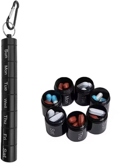 Aanpasbaar Metalen pillendoosje met karabijnhaak - Compacte Pillenbox - 2 stuks - Zelf bepalen welke dagen je meeneemt - Sleutelhanger tabletbox - 7 dagen - Zwart - CHPN