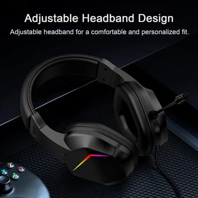 Casque de jeu USB filaire avec lumière LED, Casque circum-auriculaire pour PC portable, Microphone antibruit, Haut-parleur de 40 mm pour