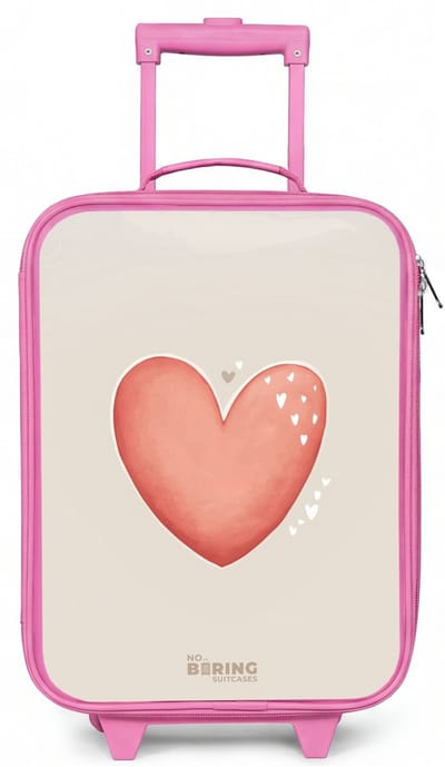 NoBoringSuitcases.com® - Kinderkoffer roze - Kindertrolley meisje - Rood hart op een beige achtergrond - Koffer kind lichtgewicht - Reiskoffer trolley voor kinderen - Koffertje met lichtgevende wieltjes - Rolkoffer