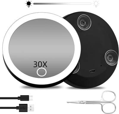 Dimbare 30X Vergrootspiegel met Licht en Zuignappen – Compacte Make-up Spiegel voor Perfecte Verzorging