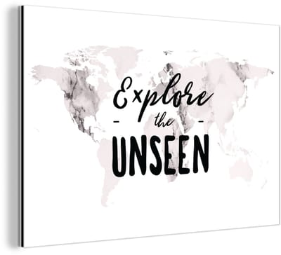 Aluminium schilderij 120x80 cm - Wanddecoratie metaal - Wereldkaart - Quote - Marmer - Metalen muurdecoratie woonkamer - Decoratie industrieel - Foto op dibond - Industriële accessoires slaapkamer