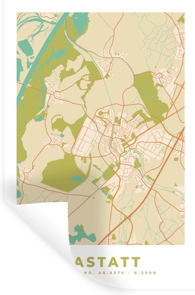 Muurstickers - Sticker Folie - Plattegrond - Rastatt - Vintage - Kaart - Stadskaart - 20x30 cm - Plakfolie - Muurstickers Kinderkamer - Zelfklevend Behang - Zelfklevend behangpapier - Stickerfolie