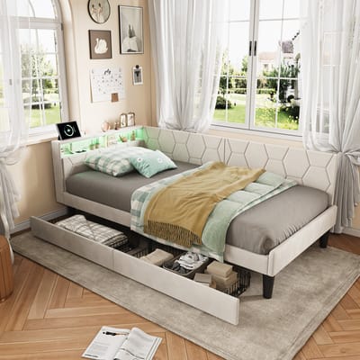 Eenpersoonsbed 90x200 cm beige velours met opberglades, gestoffeerd jeugdbed voor kinder- en logeerkamer