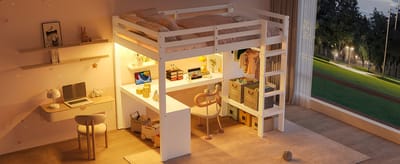 Hoogslaper 140x200 met Bureau en Kledingkast – Wit Hoog Bed met USB, LED en Opbergplanken