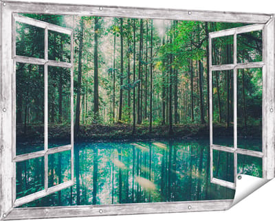 Gards Tuinposter Doorkijk Bos bij een Groen Meer - 150x100 cm - Tuindoek - Tuindecoratie - Wanddecoratie buiten - Tuinschilderij