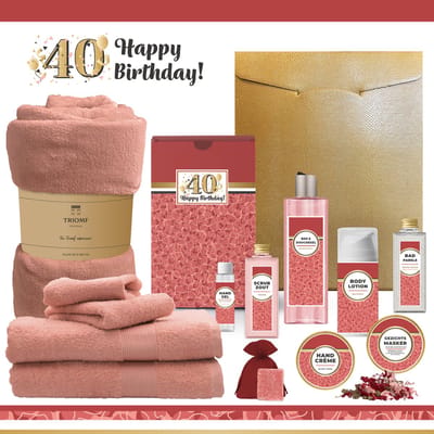 Geschenkset “40 Jaar Happy Birthday!” - 13 producten - 1980 gram | Cadeau Verjaardag - Luxe wellness cadeaubox - Giftset Speciaal voor Haar - Gefeliciteerd - Verjaardag - Cadeaupakket - Gift Set Party - Verjaardagscadeau Goud - Rood - Roze