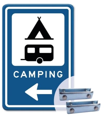 Bord Camping pijl links - Weerbestendig Aluminium - 40x60 cm - Bevestiging: Met hekbeugels (voor spijlen- of gaashek)