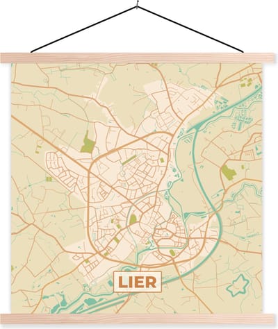 Posterhanger incl. Poster 40x40 cm - Schoolplaat - Stadskaart - Kaart - Lier - Plattegrond - Vintage - Textielposter - Blanke latten - Stadskaart
