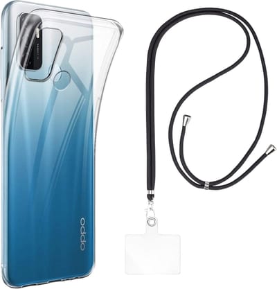 Set met hoesje en nekband voor oppo a53 / a53s - Flexibele, transparante TPU-bescherming, verstelbare universele nekband voor mobiele telefoons, zwarte nekband, transparante draagriem van Phonillico®