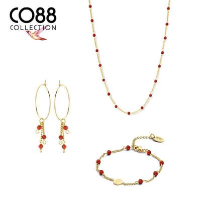 CO88 Collection 8CO-SET088 Stalen Sieradenset - Ketting met Rode Agaat Bolletjes - 38 + 7 cm - Armbanden met Rode Agaat Bolletjes - 16,5 + 3 cm - Oorringen met Hangertjes met Rode Agaat Bolletjes - 25 mm - Gourmette - Goudkleurig