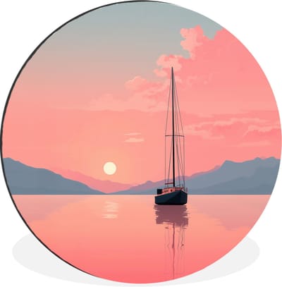 WallCircle - Wandcirkel - Muurcirkel - Zeilboot - Roze zee - Zonsondergang - Bergen - Aluminium - Dibond - 30x30 cm - Binnen en Buiten