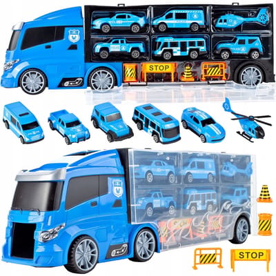 Playos® - Transportwagen 2.0 - Politie - Blauw - 40 cm - inclusief 6 Voertuigen - met Lanceerder - Helikopter - Transporter Vrachtwagen - Auto - Speelgoed - Rollenspel Speelgoed