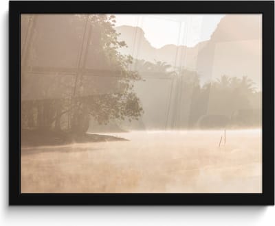 Poster in lijst - Fotolijst 40x30 cm - Posters - Landschap - Bos - Water - Mist - Beige - Posterlijst zwart - Wanddecoratie badkamer - Muurdecoratie WC - Decoratieve accessoires - Toilet muur decoratie