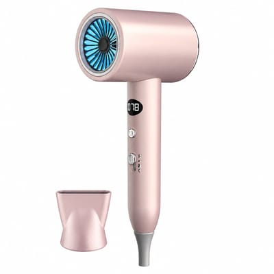 High power hair dryer - 2000 W - intelligent display with blue light - single concentrator nozzle for home and salon use - pink gold