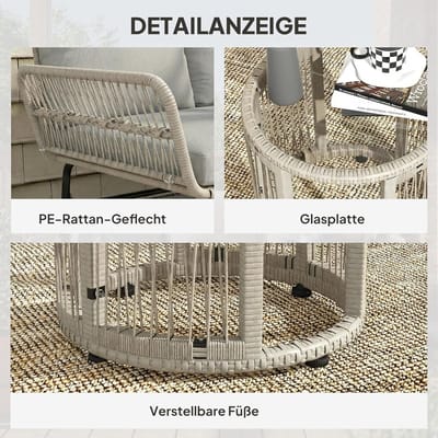 Tuinmeubelset 3-Delig 122x79x75 cm Polyrotan Loungeset met Chaise Longue, 2-Zitsbank, Glazen Tafel, Afneembare Kussens, Weerbestendig voor Tuin, Terras en Balkon Lichtgrijs - Mobili Bella