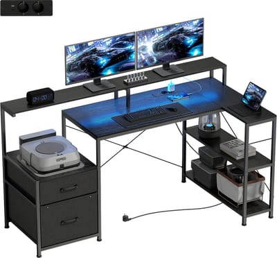 Gamingbureau met opbergruimte en 2 monitorstandaarden, gemaakt van hout en staal, 165x80x91,5 cm, zwart