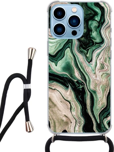 Casimoda® hoesje met koord - Geschikt voor iPhone 13 Pro Max - Groen marmer / Marble - Afneembaar koord - Siliconen/TPU - Groen