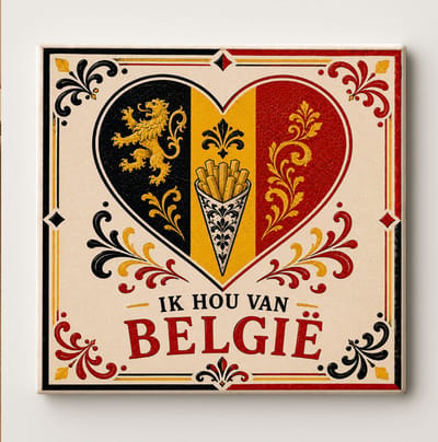 België Hart Vlag Keramische Wandtegel – Vintage Ontwerp met Belgische Leeuw & Frietjes – Nationale Trots Woondecoratie Cadeau